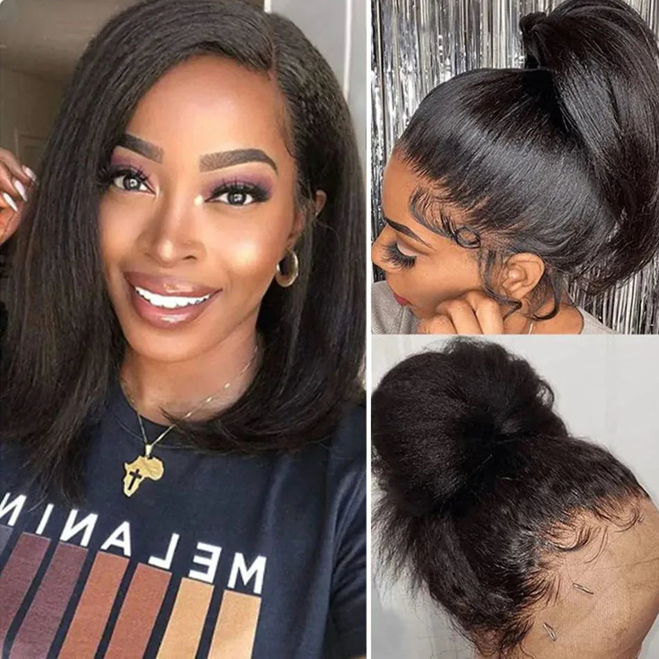 Kinky Straight Short Bob 100% Human Hair Wig for Women 13x4 Front Transparent Lace Glueless Peruvain Remy Hair Soft Yaki Bob Wig