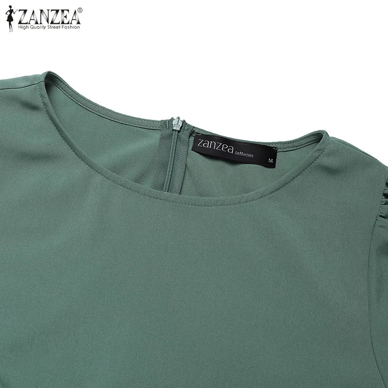 Elegant Pleated Dress ZANZEA Summer O Neck Short Sleeve Sundress Women Stylish Casual Work Party Vestidos Solid Knee Length Robe