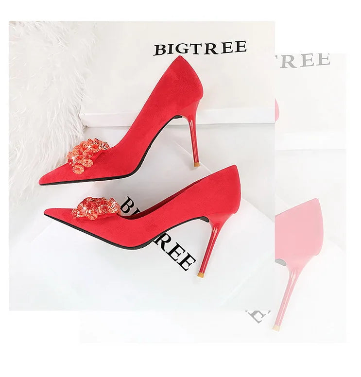BIGTREE Shoes 2025 Rhinestone Women Pumps Bowknot High Heels Luxury Gemstone Banquet Shoes Stilettos Heels 9 Cm Ladies Shoes