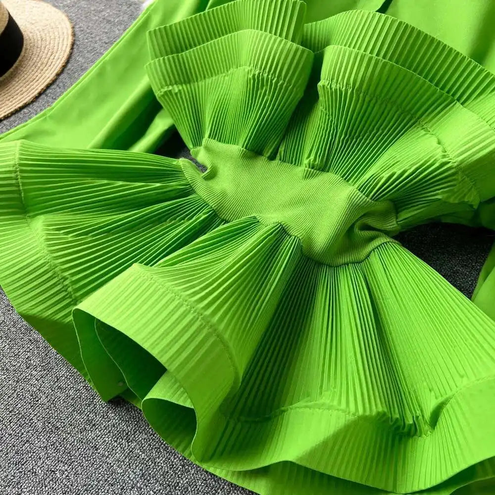 XFPV Women Puff Sleeve Pleated Ruffle Solid Casual Blouse Patchwork Y2k Top Slim Waist Shirt Sweet Summer Spring 2025 SM2983