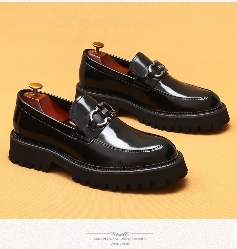 cow leather British loafers men glossy leather business casual Heightenin shoes non slip tire soles dress shoes Round toe shoes