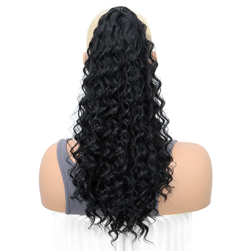 WIGSIN 18Inch Synthetic Kinky Curly Ponytail Hair Short Fluffy Curly Drawstring Clip Hair Extension Black Hairpiece for Women