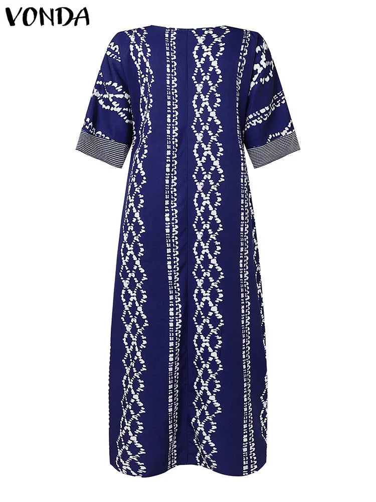 2025 VONDA Printed Maxi Dresses Vintage Women Bohemian Vestidos Casual 3/4 Sleeve Sundress Oversize Simple Elegant Long Robe