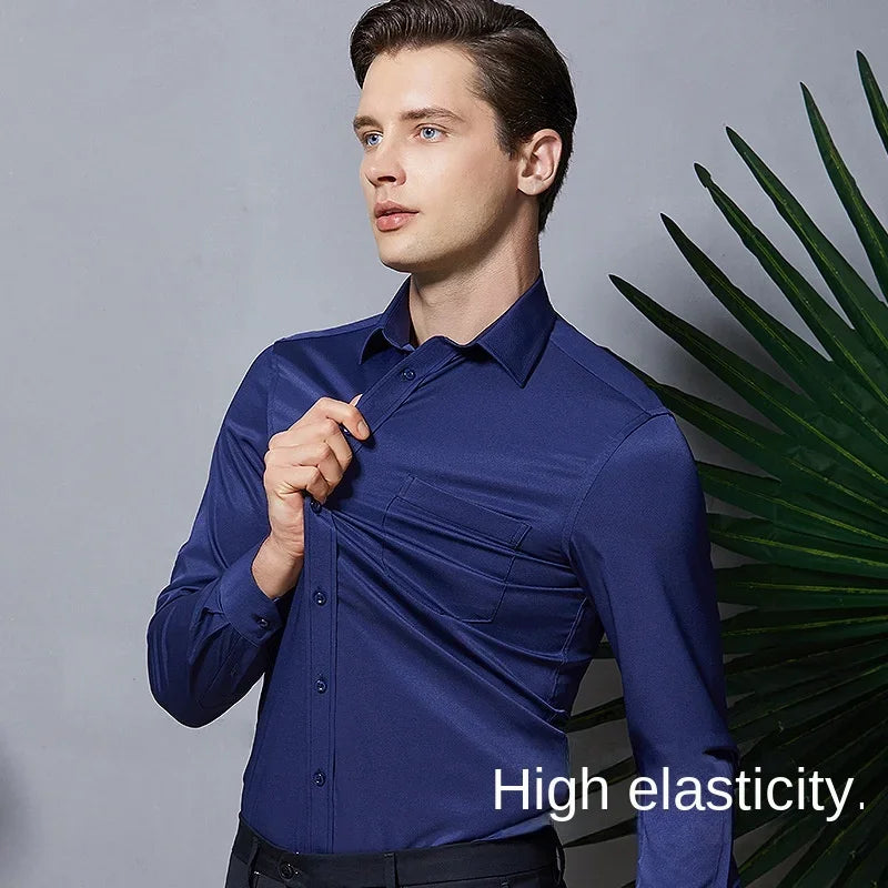 Men's long sleeved elastic shirt, non ironing business dress, professional work attire, stand up collar shirt  men shirts