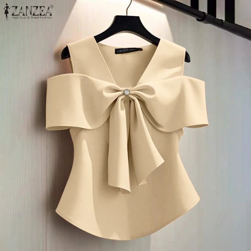Women Summer Bow Tie Blouse 2025 ZANZEA Elegant Solid OL Work Shirt Casual V Neck Sleeveless Holiday Tops Stylish Party Blusas