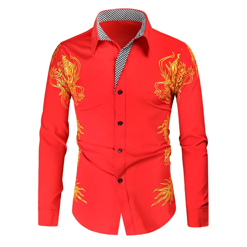 2024 Men's Brand Shirt, Luxury Gold High Quality Long Sleeve Shirts, Business White Black Men Dress Prom Social Print Shirts