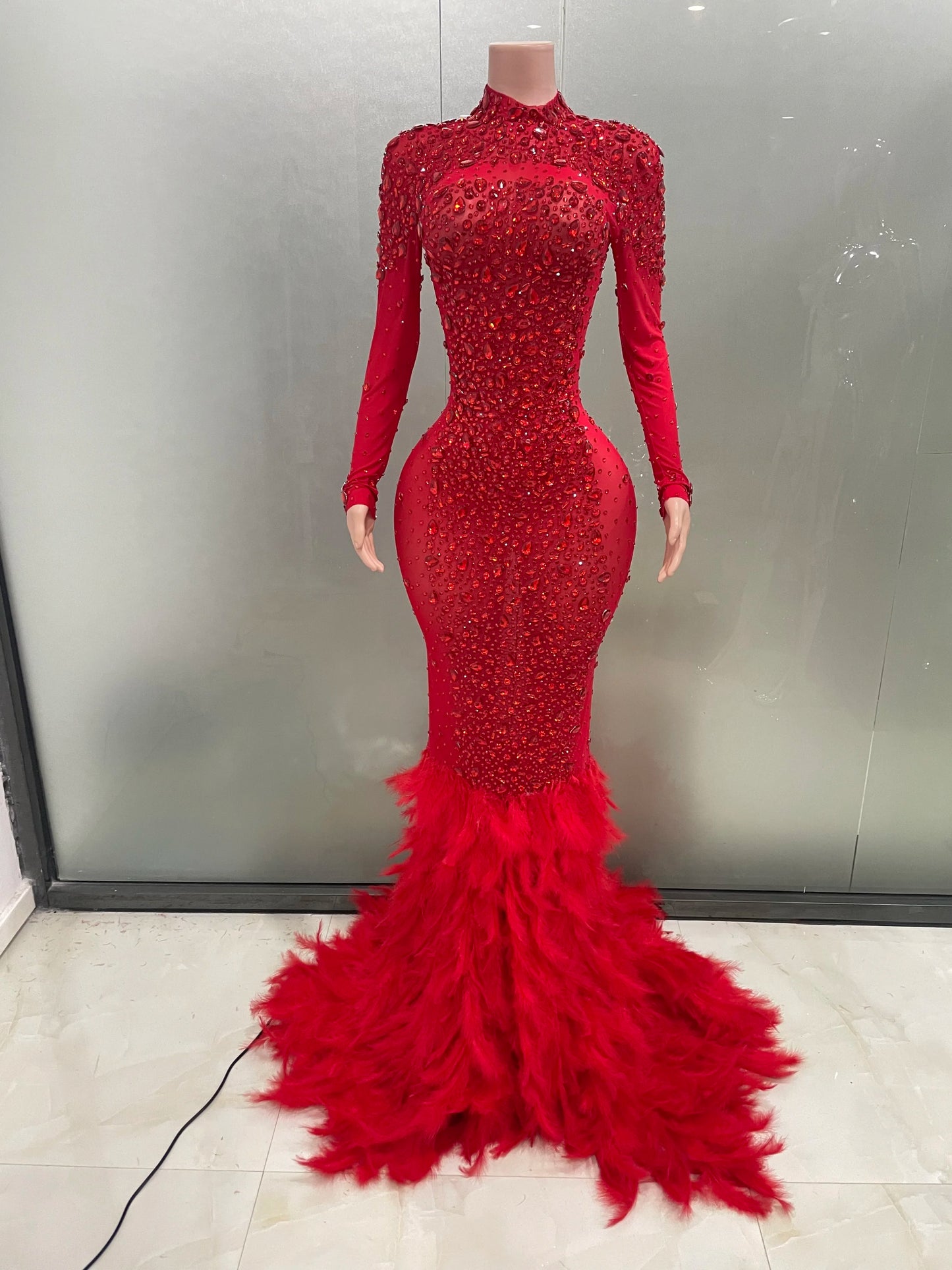 Luxury Sparkling Red Crystals Feathers Mermaid Long Sleeve Maxi Dress Women Formal Occasions Wedding Celebrate Party Prom Gown