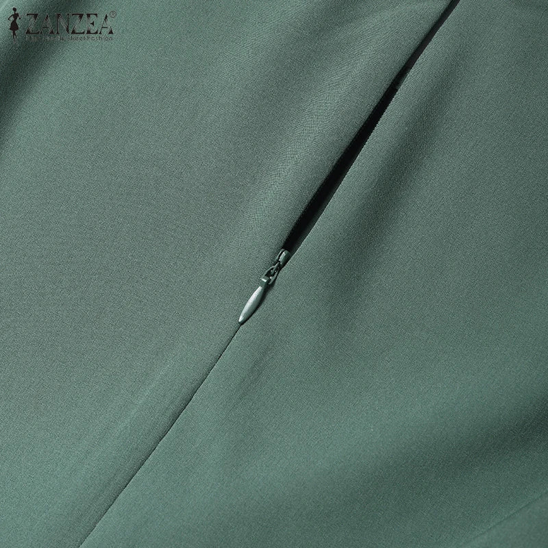 Elegant Pleated Dress ZANZEA Summer O Neck Short Sleeve Sundress Women Stylish Casual Work Party Vestidos Solid Knee Length Robe