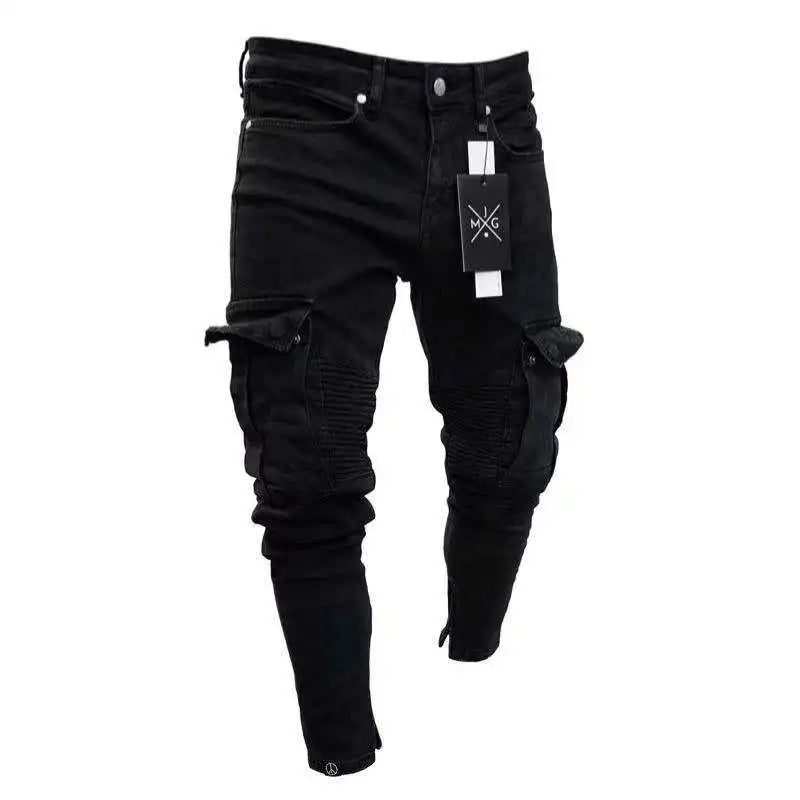 Street Elastic Jeans Men Denim Cargo Pants Wash Solid Color Multi Pockets Casual Mid Waist Trousers Slim Fit Daily Wear Joggers
