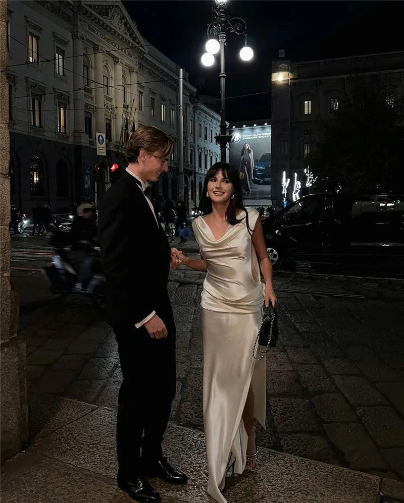 Mozision Satin Backless Sexy Maxi Dress For Women Elegant Rose Thigh High Split Beach Holiday Long Dress Gorgeous Club Gown