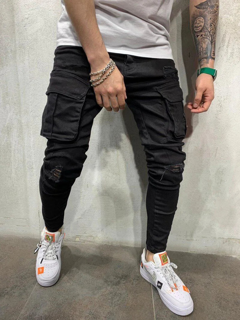 Street Elastic Jeans Men Denim Cargo Pants Wash Solid Color Multi Pockets Casual Mid Waist Trousers Slim Fit Daily Wear Joggers