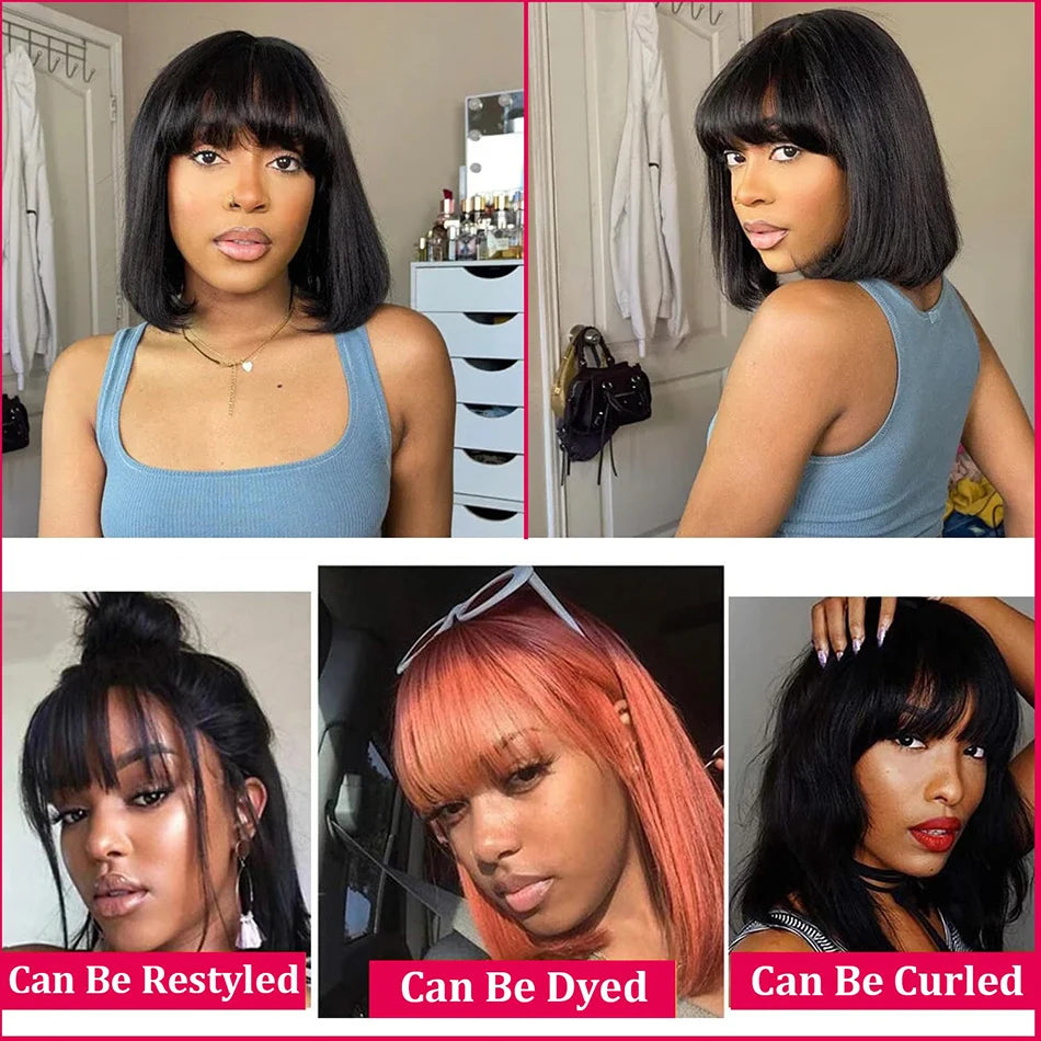 Wiggogo 3X1 Middle Part Lace Wig Bob Wigs Full Machine Made Bone Straight Human Hair Wigs With Bangs Short Bob Human Hair Wigs
