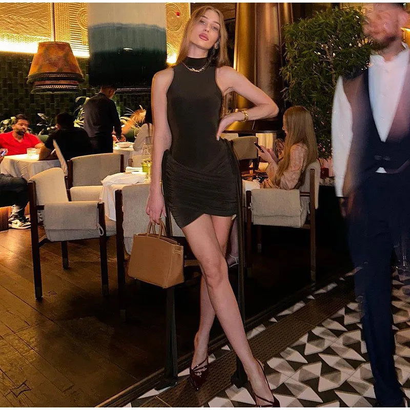 Irregular One Shoulder Pleated Dress Women's Vintage Mock Neck Slim Fit Mini Vestidos 2025 Lady Summer Vacation Party Gowns New