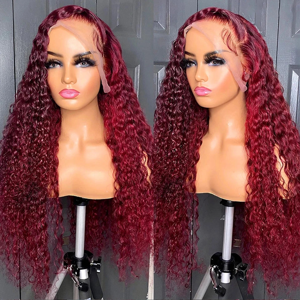Burgundy Curly 13x6 Hd Lace Frontal Wig Human Hair 100% Brazilian 13x4 Water Deep Wave 99J Red Colored Wig For Women 30 40 Inch
