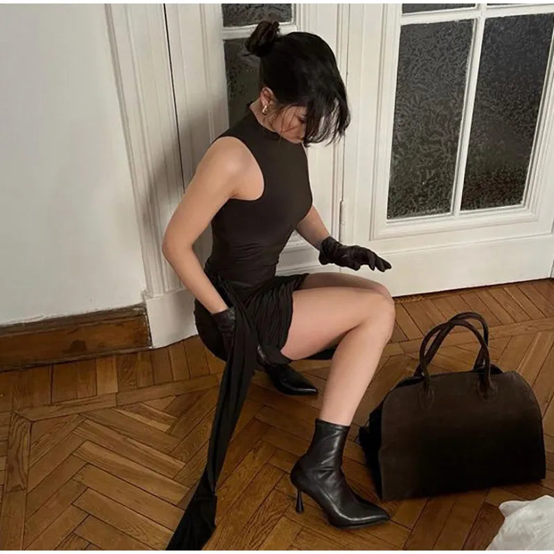 Irregular One Shoulder Pleated Dress Women's Vintage Mock Neck Slim Fit Mini Vestidos 2025 Lady Summer Vacation Party Gowns New