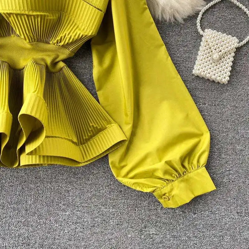 XFPV Women Puff Sleeve Pleated Ruffle Solid Casual Blouse Patchwork Y2k Top Slim Waist Shirt Sweet Summer Spring 2025 SM2983
