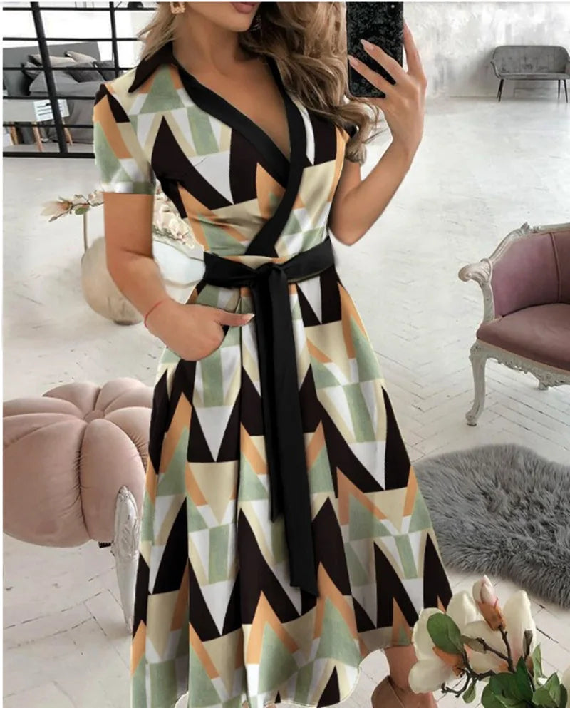 2023 Spring Autumn Dress Women Fashion Solid Slim Pocket Lace Up Dress Women Casual Printed Short Sleeve V-neck High Waist Dress