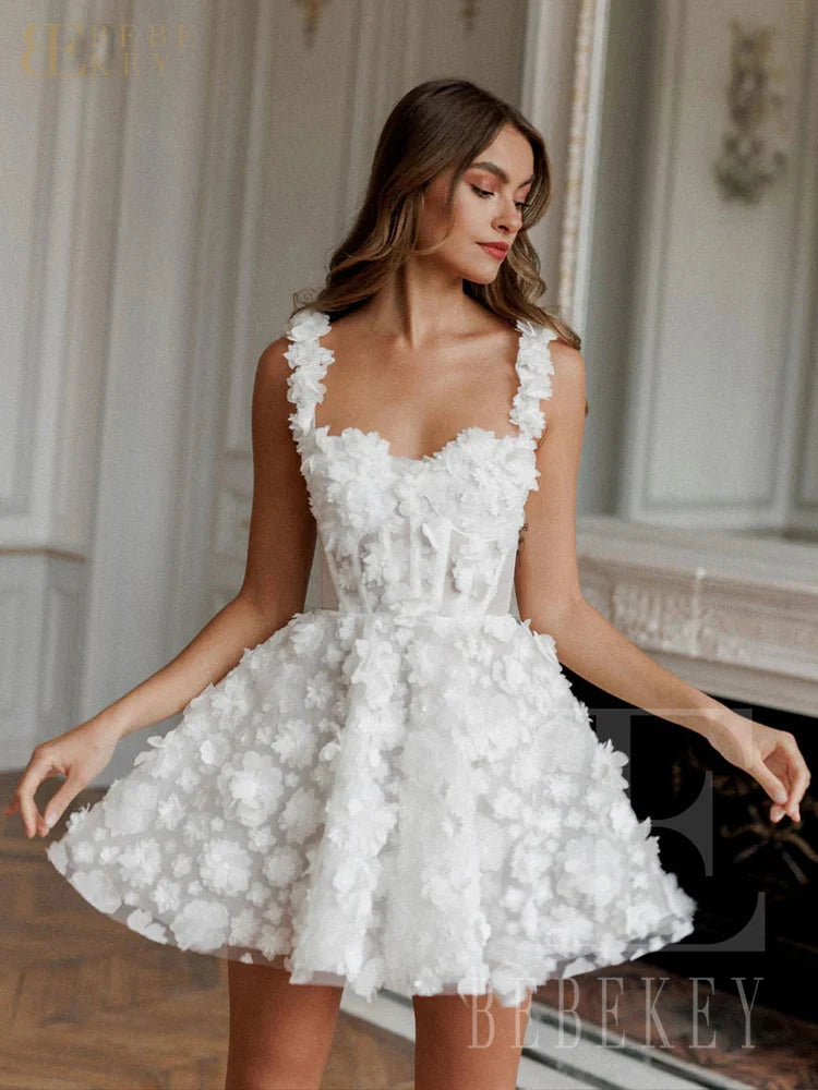 BEBEKEY Customized 3D Flower Mini Prom Dresses Short Spaghetti Straps A-line Lace Evening Party Dress Formal Party Gown Robe