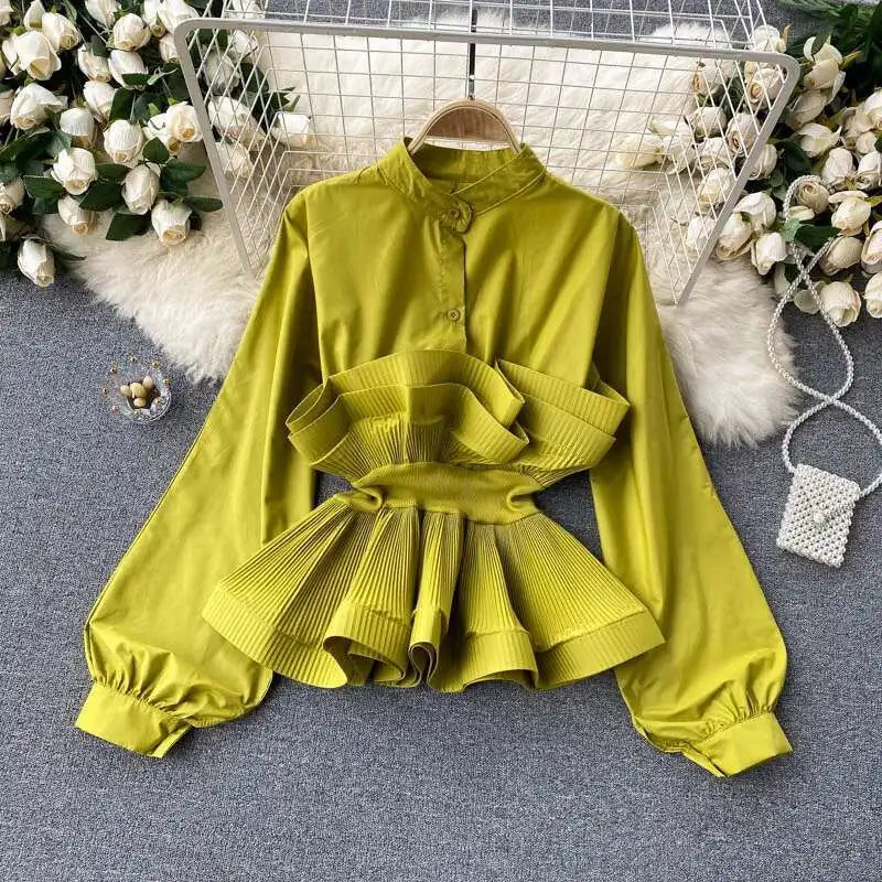 XFPV Women Puff Sleeve Pleated Ruffle Solid Casual Blouse Patchwork Y2k Top Slim Waist Shirt Sweet Summer Spring 2025 SM2983