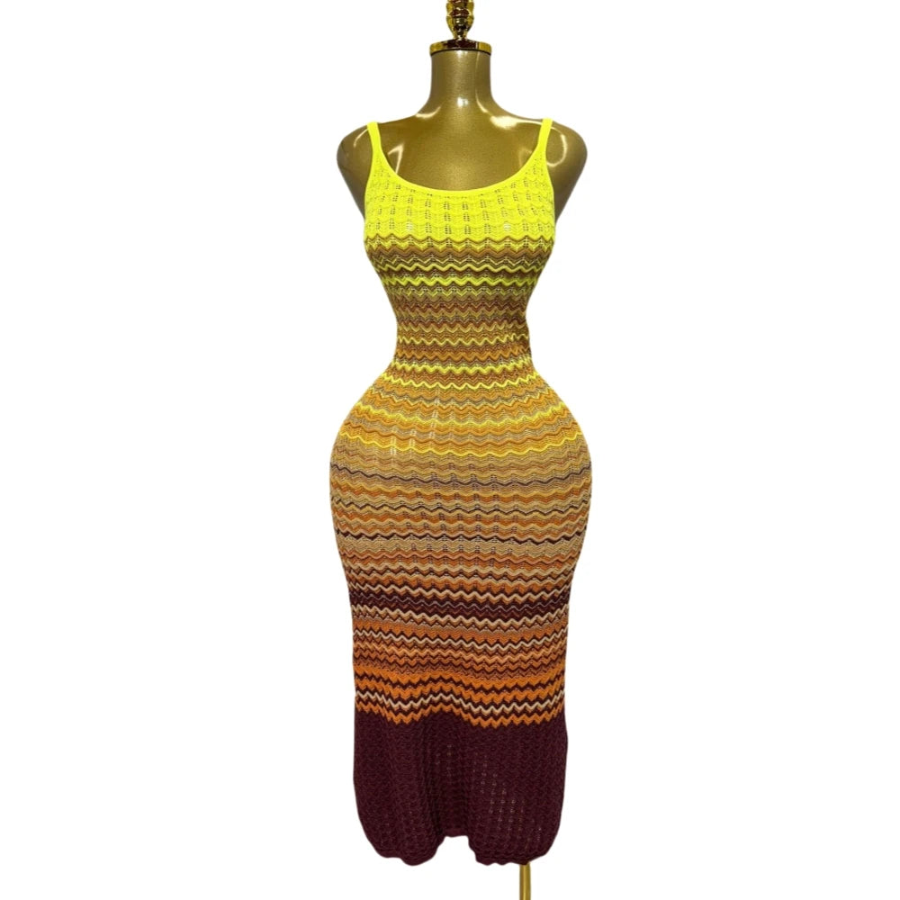 FAGADOER Summer Fashion Knitting Bodycon Maxi Dress Women Rainbow Color Spaghetti Strap Long Dress Female Streetwear Vestidos
