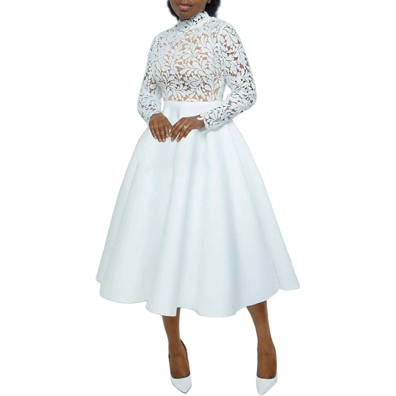 Women Long Dress A Line Dresses Lace Floral Party Night Wedding Mock Neck White Prom Hight Waist Slim Elegant Maxi Vestidos