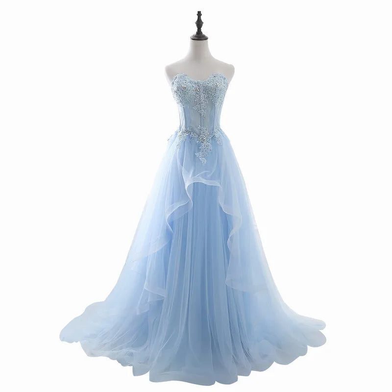 New light blue sweat long lady girl women princess prom banquet party wedding bridal dress gown