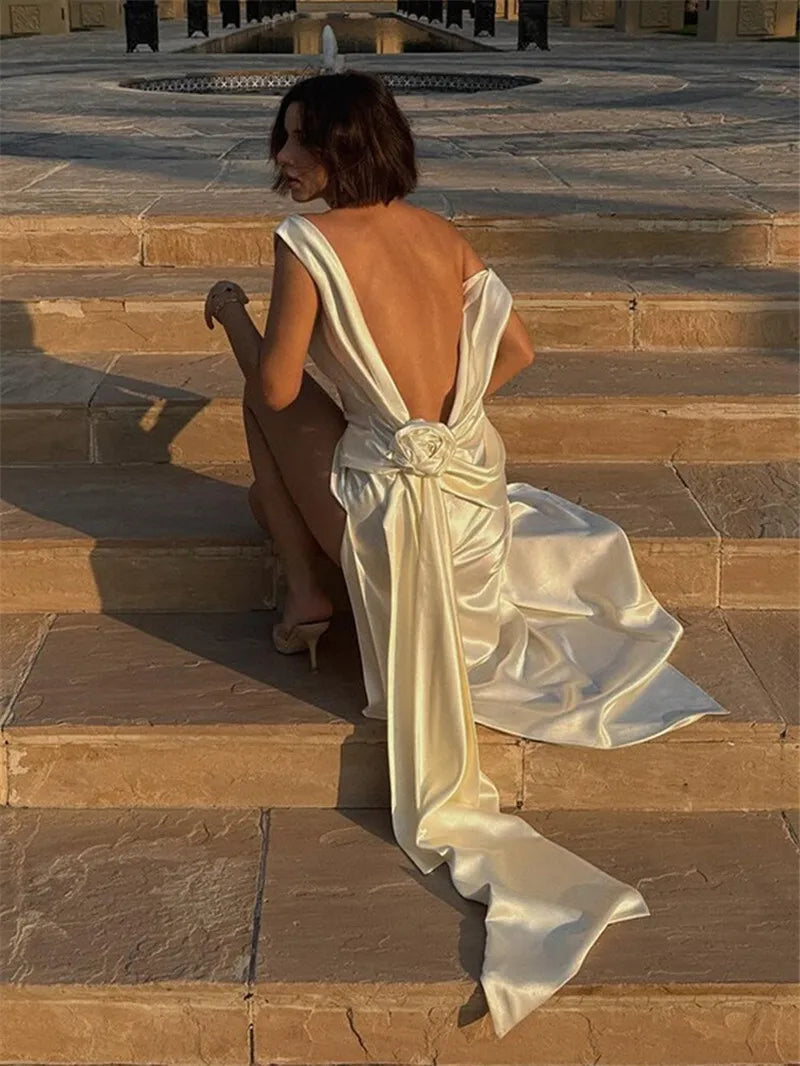 Mozision Satin Backless Sexy Maxi Dress For Women Elegant Rose Thigh High Split Beach Holiday Long Dress Gorgeous Club Gown