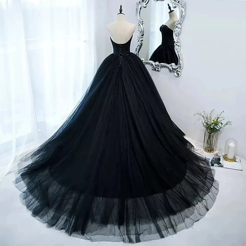 Gothic Black Tulle Prom Dresses Princess Sweetheart Satin Women Formal Evening Gowns Exposed Boning Night Party Dress Customized