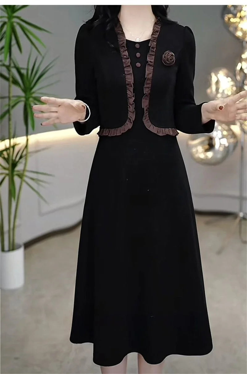 Autumn Winter Add Velvet Long Dress Women Fake Two Pieces Long Sleeve Dress High End Elegant Mother Wedding Party Dress Vestidos