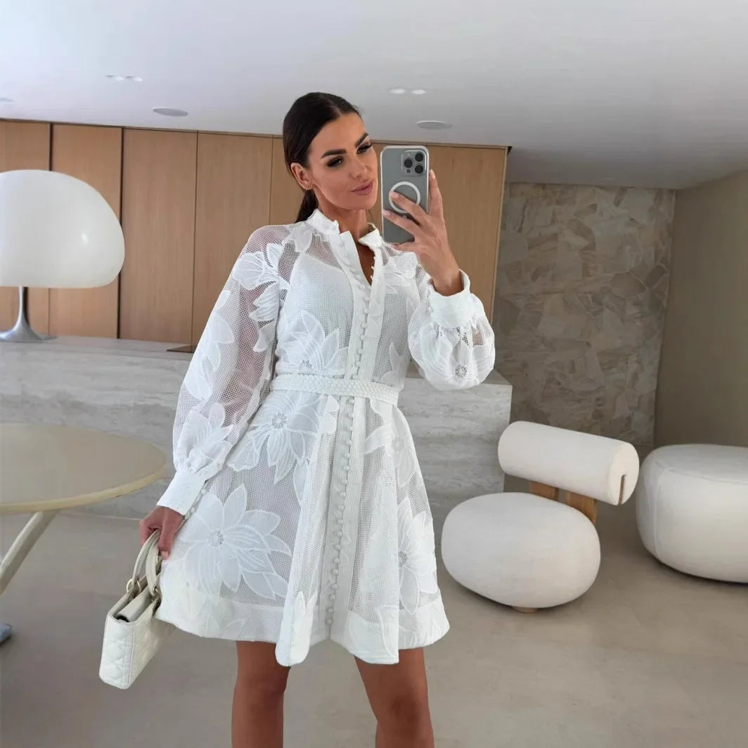 Fashionable Ins Embroidered Lace Dress Cross-Border Independent Station Floral Midi Skirt Polyester Fiber Full Sleeve