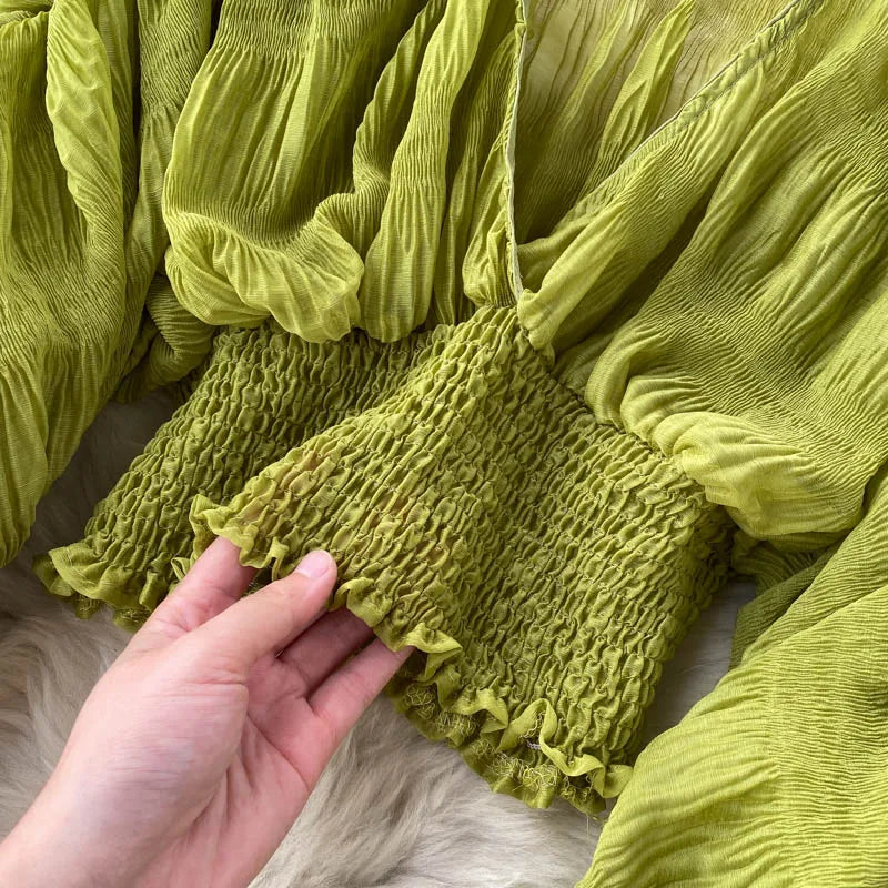 Women Sexy Chiffon Short Blouse Female See Through Super Long Sleeve Blusas Purple/Green/Black/White Folds Party Tops 2022 New