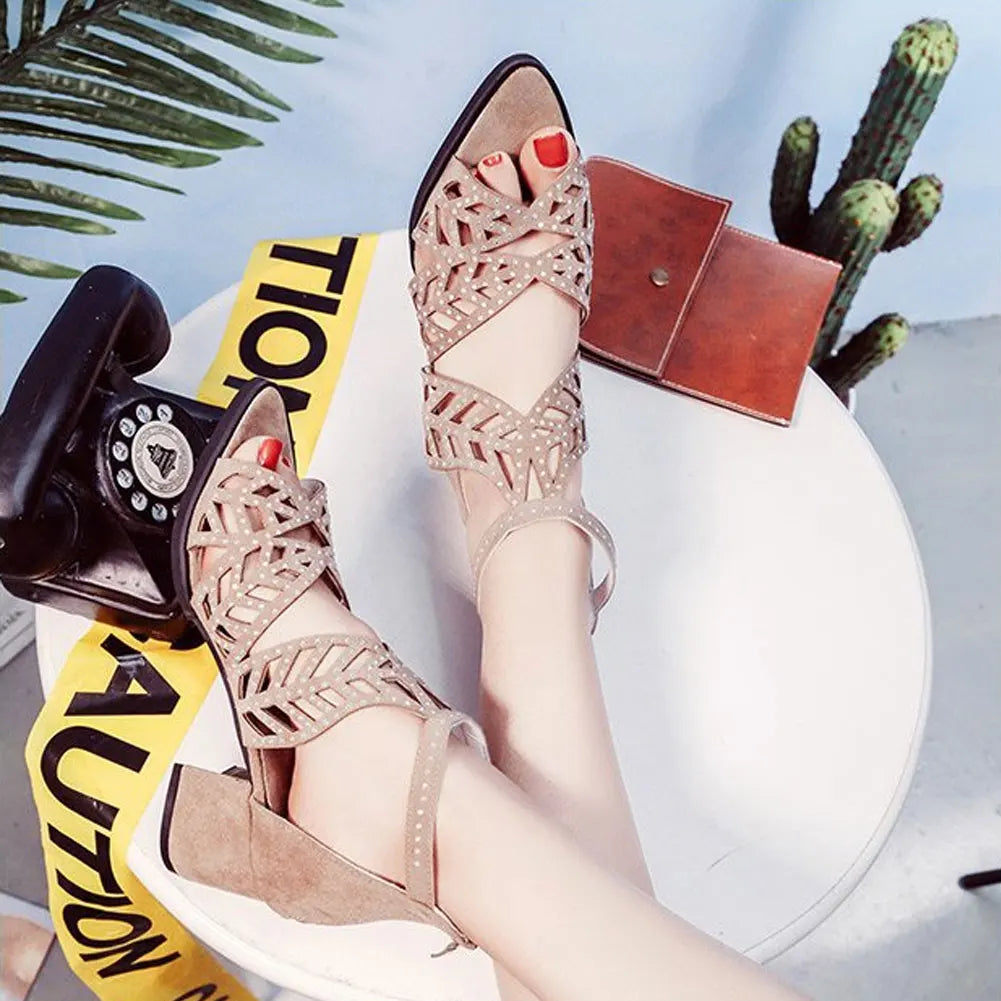 2022 New Style Women Summer Hollow Out Faux Leather Rhinestones Thick Heel Zipper Sandals Shoes Eur 35-41