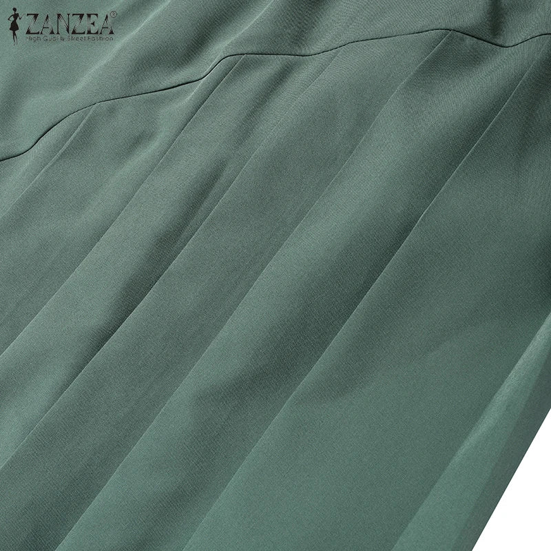 Elegant Pleated Dress ZANZEA Summer O Neck Short Sleeve Sundress Women Stylish Casual Work Party Vestidos Solid Knee Length Robe