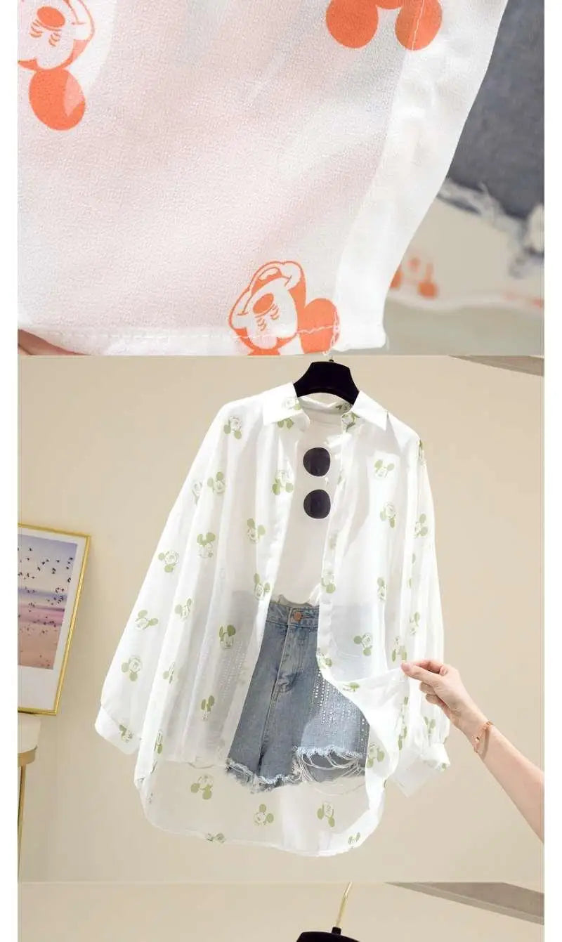 Mickey Mouse Blouse Ladies Long Sleeve Women Shirt Beach Shirts Kawaii Cartoon Summer Disney Clothes Cover-Up Top Casual