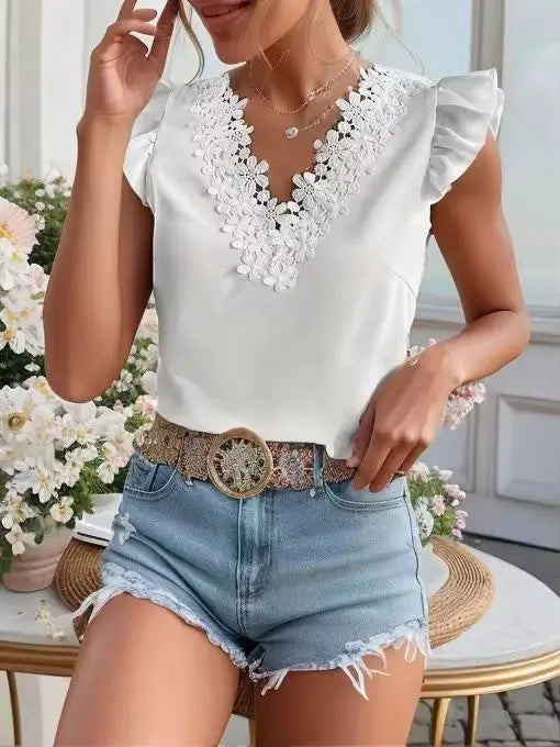 2025 summer new white chiffon shirt flying sleeves bottoming shirt women's outer wear slim sleeveless lace lace stitching short