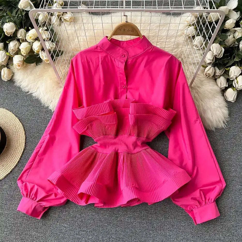 XFPV Women Puff Sleeve Pleated Ruffle Solid Casual Blouse Patchwork Y2k Top Slim Waist Shirt Sweet Summer Spring 2025 SM2983