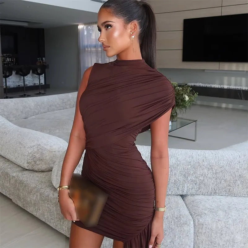 Irregular One Shoulder Pleated Dress Women's Vintage Mock Neck Slim Fit Mini Vestidos 2025 Lady Summer Vacation Party Gowns New