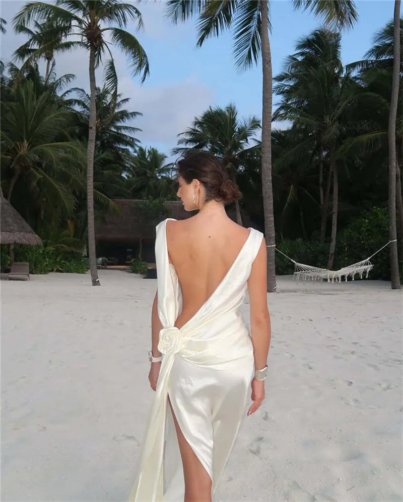 Mozision Satin Backless Sexy Maxi Dress For Women Elegant Rose Thigh High Split Beach Holiday Long Dress Gorgeous Club Gown