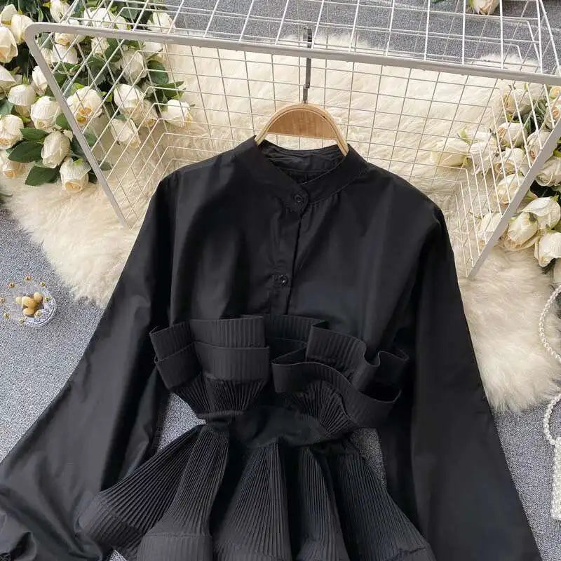 XFPV Women Puff Sleeve Pleated Ruffle Solid Casual Blouse Patchwork Y2k Top Slim Waist Shirt Sweet Summer Spring 2025 SM2983