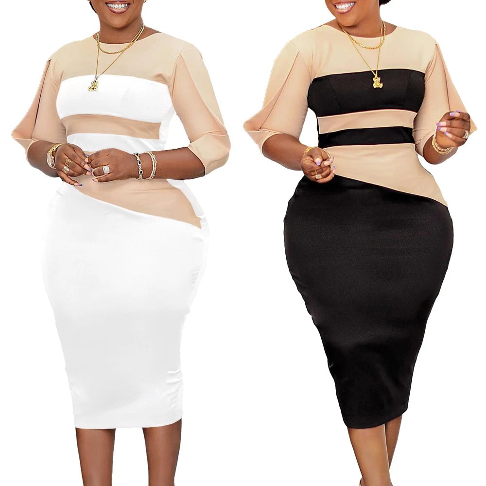 Elegant Church Dresses for Women 2023 New Arrivals Fashion Two Color Patchwork Fitted Ladies Knee Length Formal African Dress