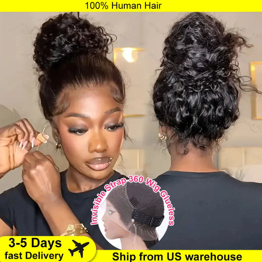 250 Density Invisible Strap 360 HD Full Lace Glueless Wig Deep Wave Frontal Wig Human Hair 30 Inch Water Wave Lace Front Wig