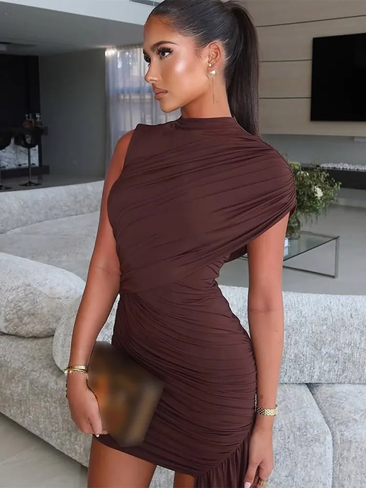 Irregular One Shoulder Pleated Dress Women's Vintage Mock Neck Slim Fit Mini Vestidos 2025 Lady Summer Vacation Party Gowns New