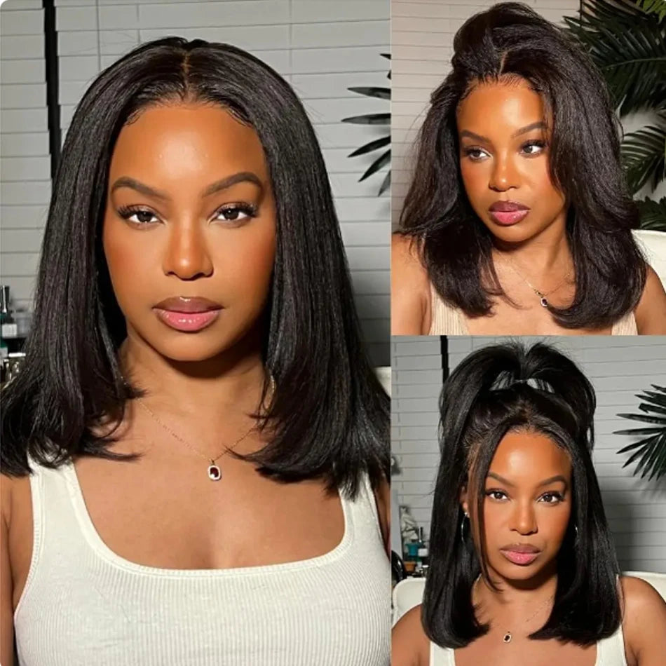 Kinky Straight Short Bob 100% Human Hair Wig for Women 13x4 Front Transparent Lace Glueless Peruvain Remy Hair Soft Yaki Bob Wig