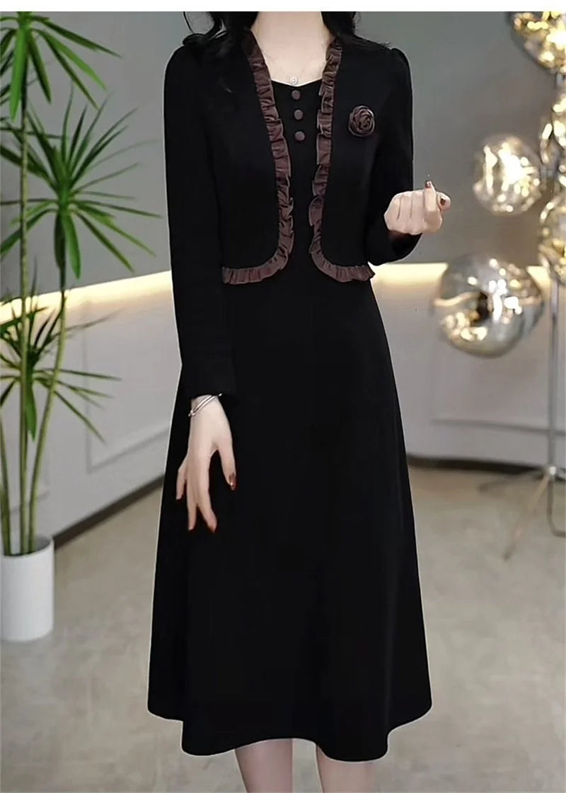 Autumn Winter Add Velvet Long Dress Women Fake Two Pieces Long Sleeve Dress High End Elegant Mother Wedding Party Dress Vestidos