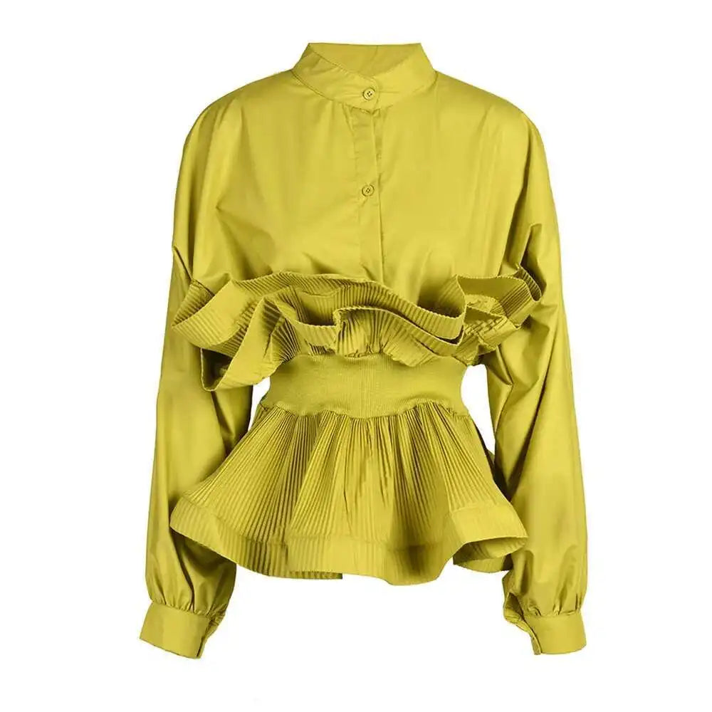 XFPV Women Puff Sleeve Pleated Ruffle Solid Casual Blouse Patchwork Y2k Top Slim Waist Shirt Sweet Summer Spring 2025 SM2983