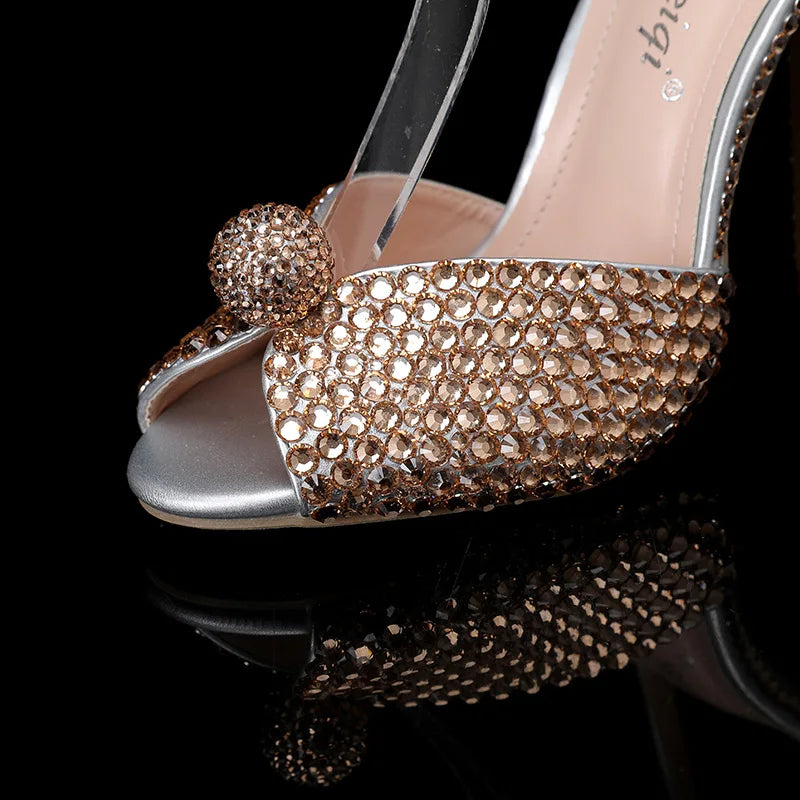 2024 Autumn New Fish Mouth High Heels Slim Heels Shallow Mouth Water Diamond Pearl Women's Single Shoes Wedding Wedding Shoes