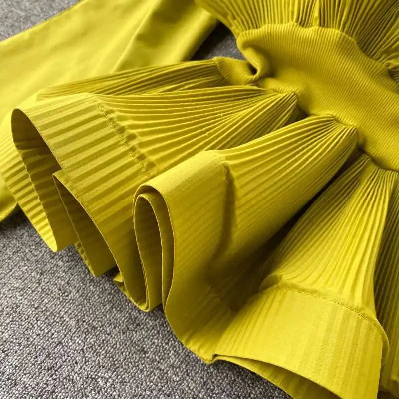 XFPV Women Puff Sleeve Pleated Ruffle Solid Casual Blouse Patchwork Y2k Top Slim Waist Shirt Sweet Summer Spring 2025 SM2983