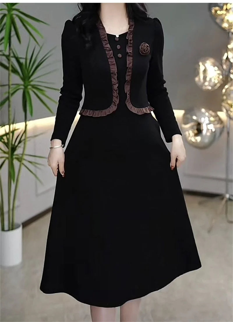 Autumn Winter Add Velvet Long Dress Women Fake Two Pieces Long Sleeve Dress High End Elegant Mother Wedding Party Dress Vestidos