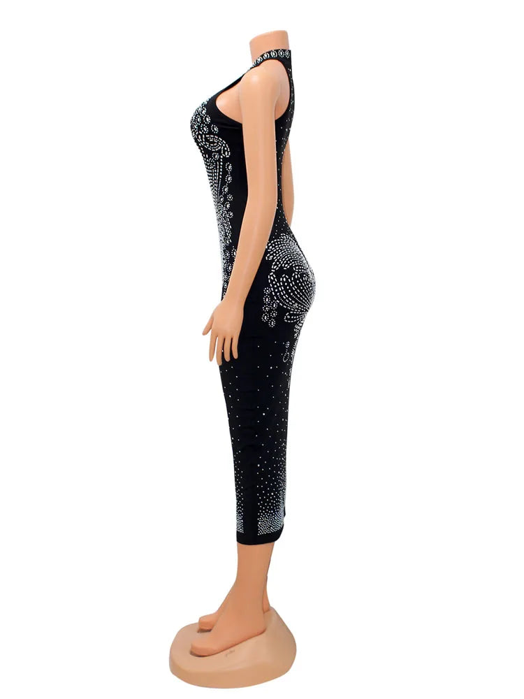 Women Sexy Halter Sleeveless Rhinestone Decor Bodycon Dress Back Zipper Slim Night Club Dresses Vestido