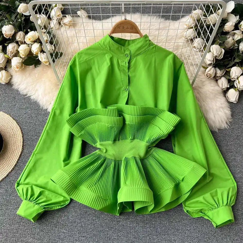 XFPV Women Puff Sleeve Pleated Ruffle Solid Casual Blouse Patchwork Y2k Top Slim Waist Shirt Sweet Summer Spring 2025 SM2983